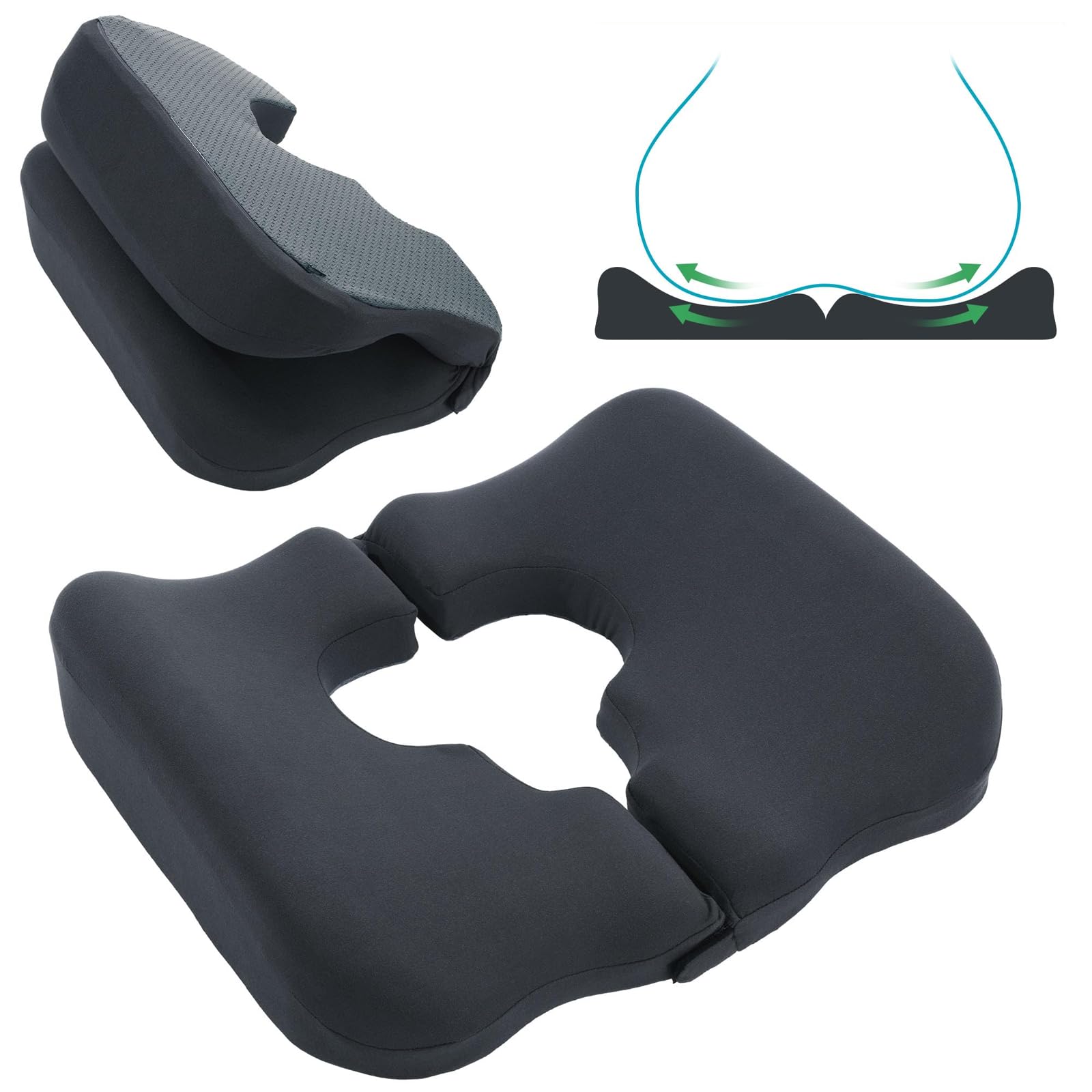 Cuscino per Emorroidi, Cuscino per Coccige, Cuscino in Memory Foam, Cuscino Antidecubito con Apertura a T, Pieghevole e Morbido, per Sedia Ufficio, Sedile Auto e Supporto Giornaliero