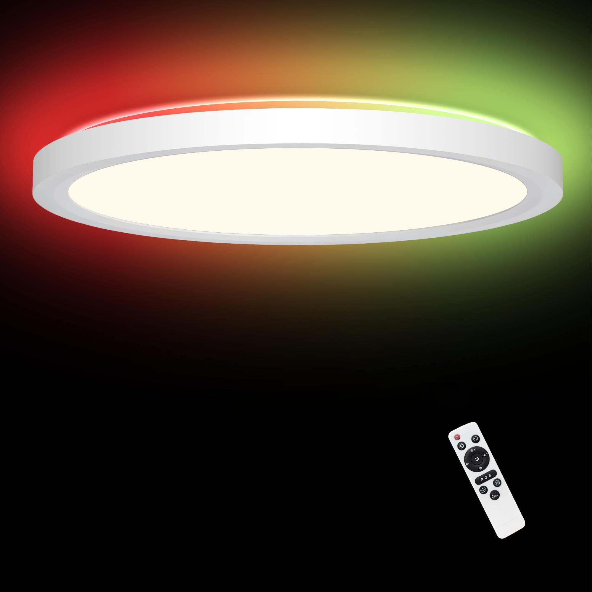 LED Deckenleuchte Dimmbar 50CM, 36W RGB Deckenlampe Farbwechsel mit Fernbedienung, 2700K-6500K Flach Badezimmer Lampe Decke für Bad Kinderzimmer Schlafzimmer Wohnzimmer, Rund