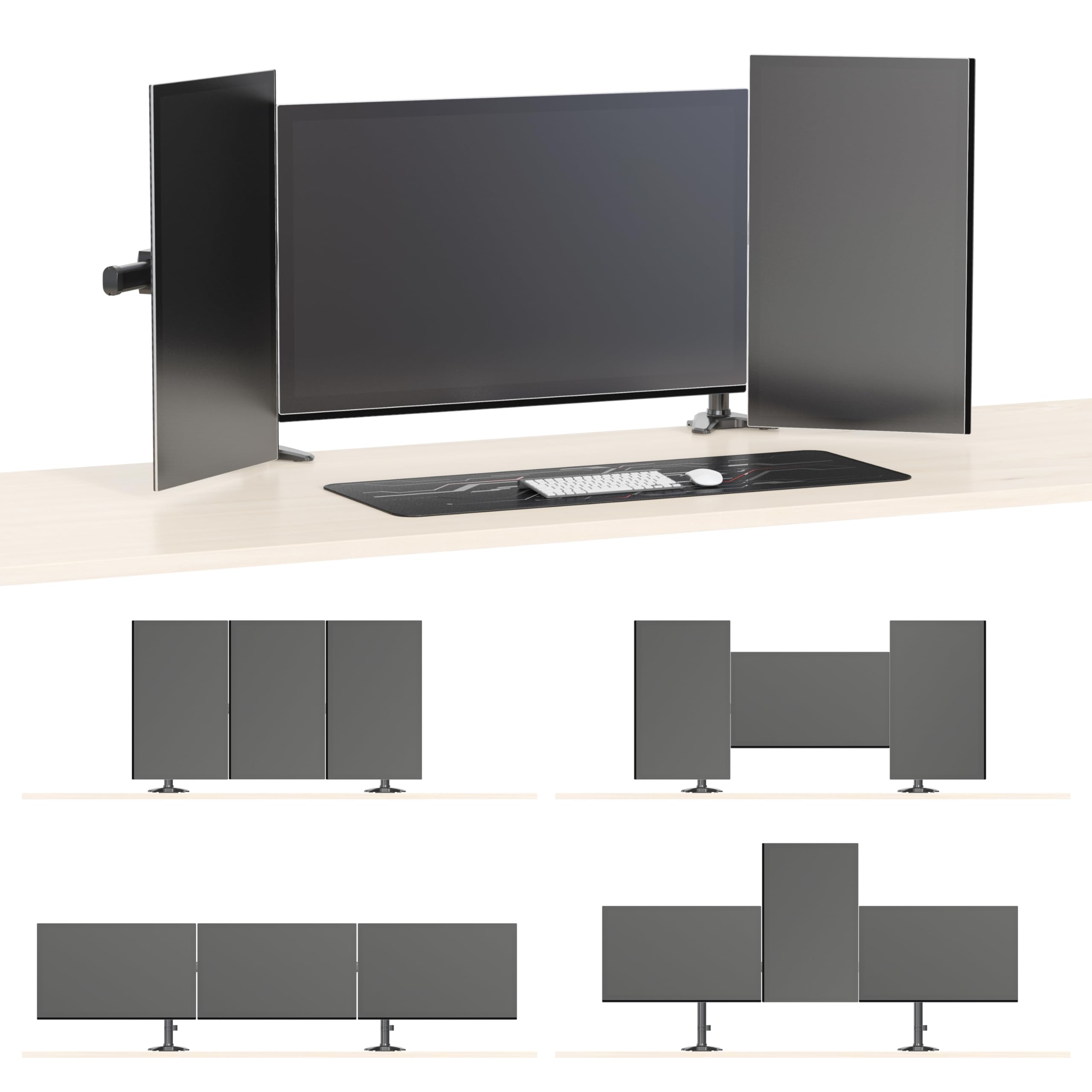 HFTEK - Support pour 3 moniteurs de 15 à 27" - Support pour écran TV - Support pour moniteur - Support écran 3 moniteurs - Hauteur réglable - VESA 75/100 - MS323C-N - Modulable individuellement