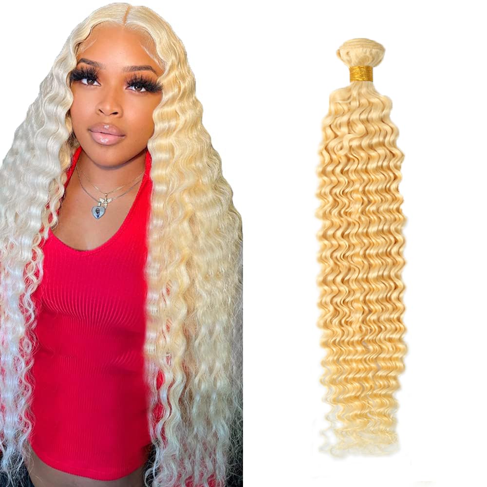 Zeslaerr Human Hair Bundles #613 Bleach Blonde Color Deep Wave Knotless Double Weft Weave Natural Color Human Hair Extension For Woman Single Bundle 100g 22 Inch