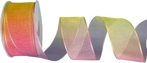 XMRIBBON Regenbogenfarbenes transparentes Organzaband mit Drahtkante, 3,81 cm × 