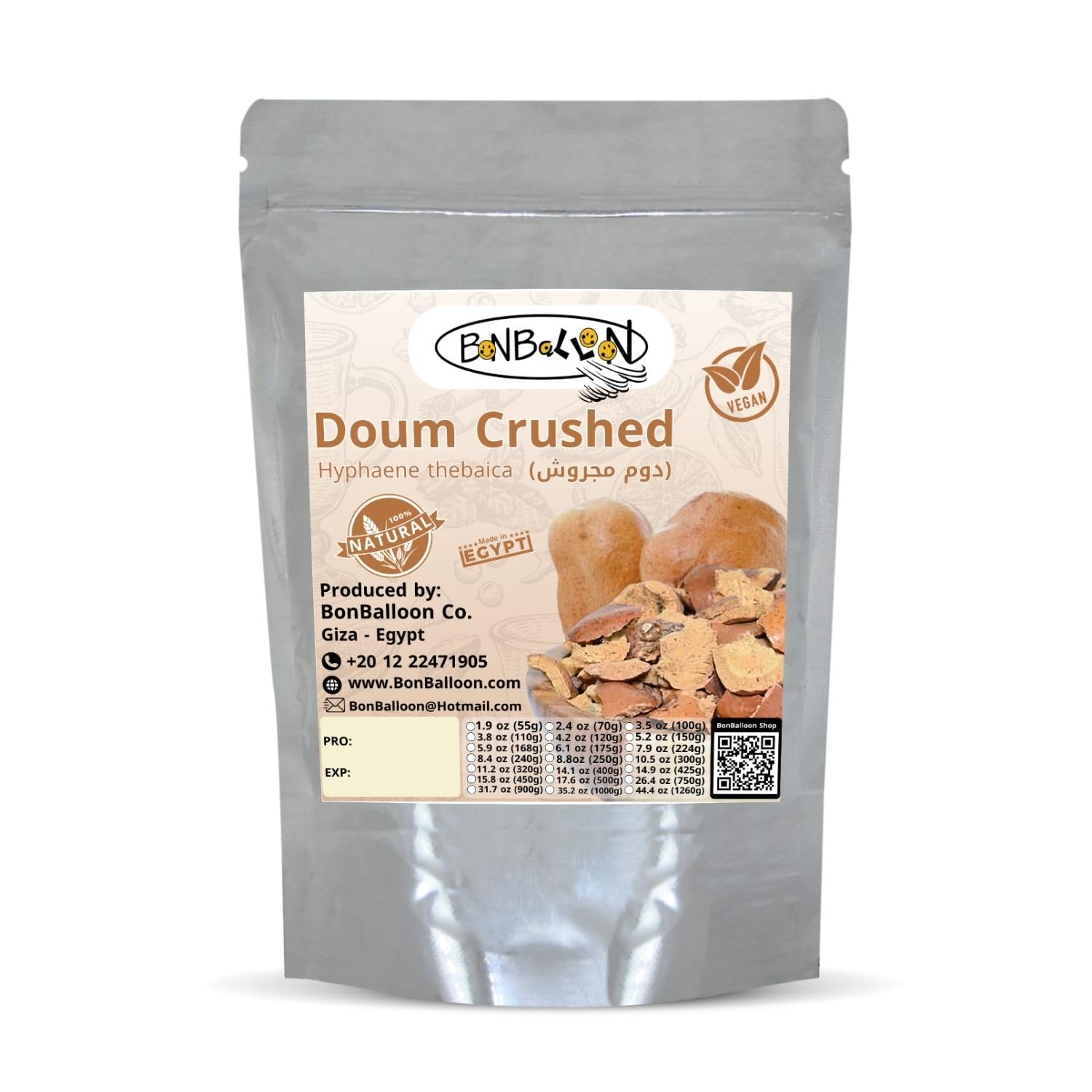 BonBalloon Dried Premium Doum Crushed Fractured Herbal Loose Organic ( 1 Pack = 8.82 oz / 250 gm ) Natural Rich Caffeine Free Doom Dom Hyphaene Thebaica Palm Grounded Hot Tea Fruit دوم مجروش