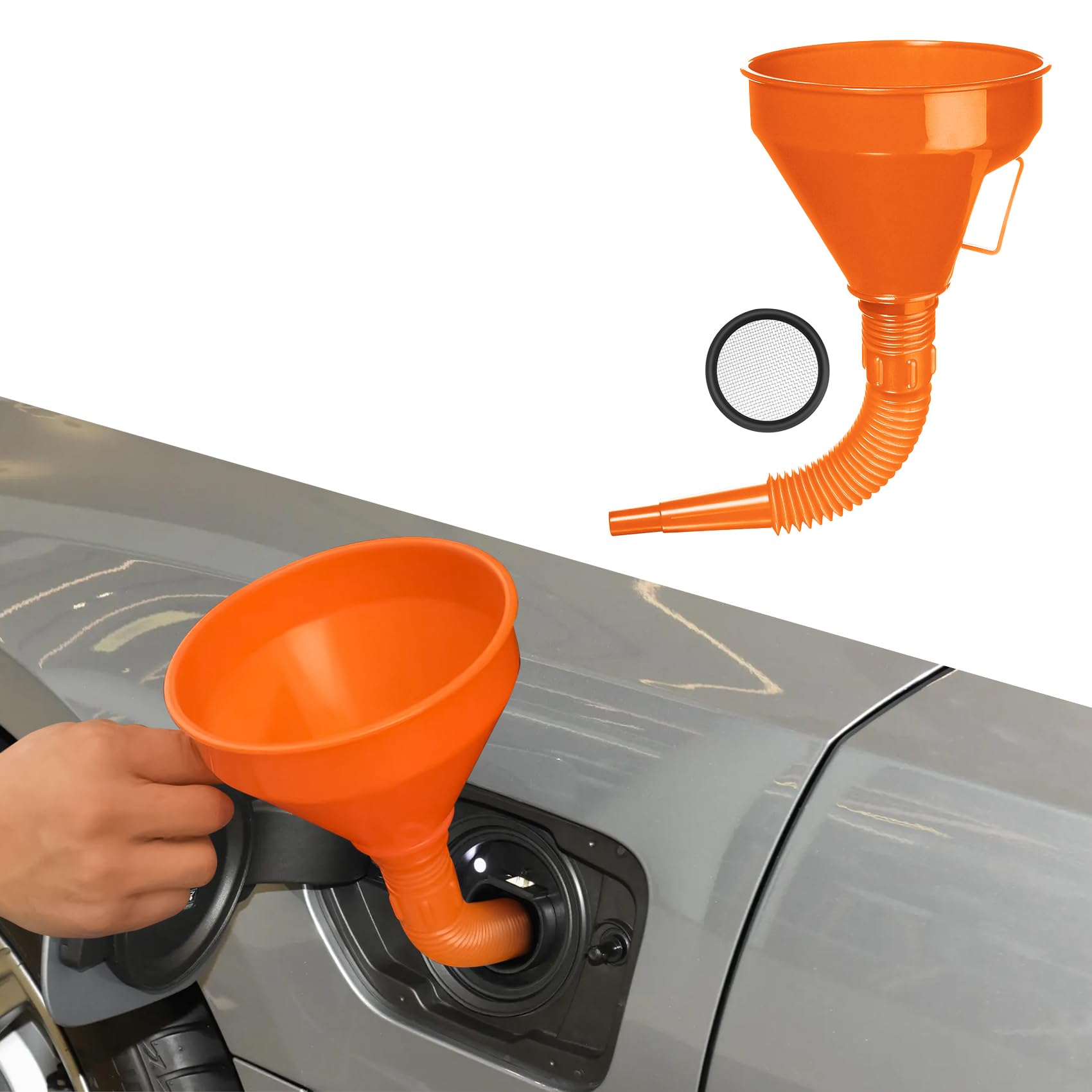 Wide Mouth Oil Funnel with Hose, Extension Flexible Funnels for Automotive Use, Vehicle Nozzle Hose with Handle Mesh Removable Mesh Screen Filter for