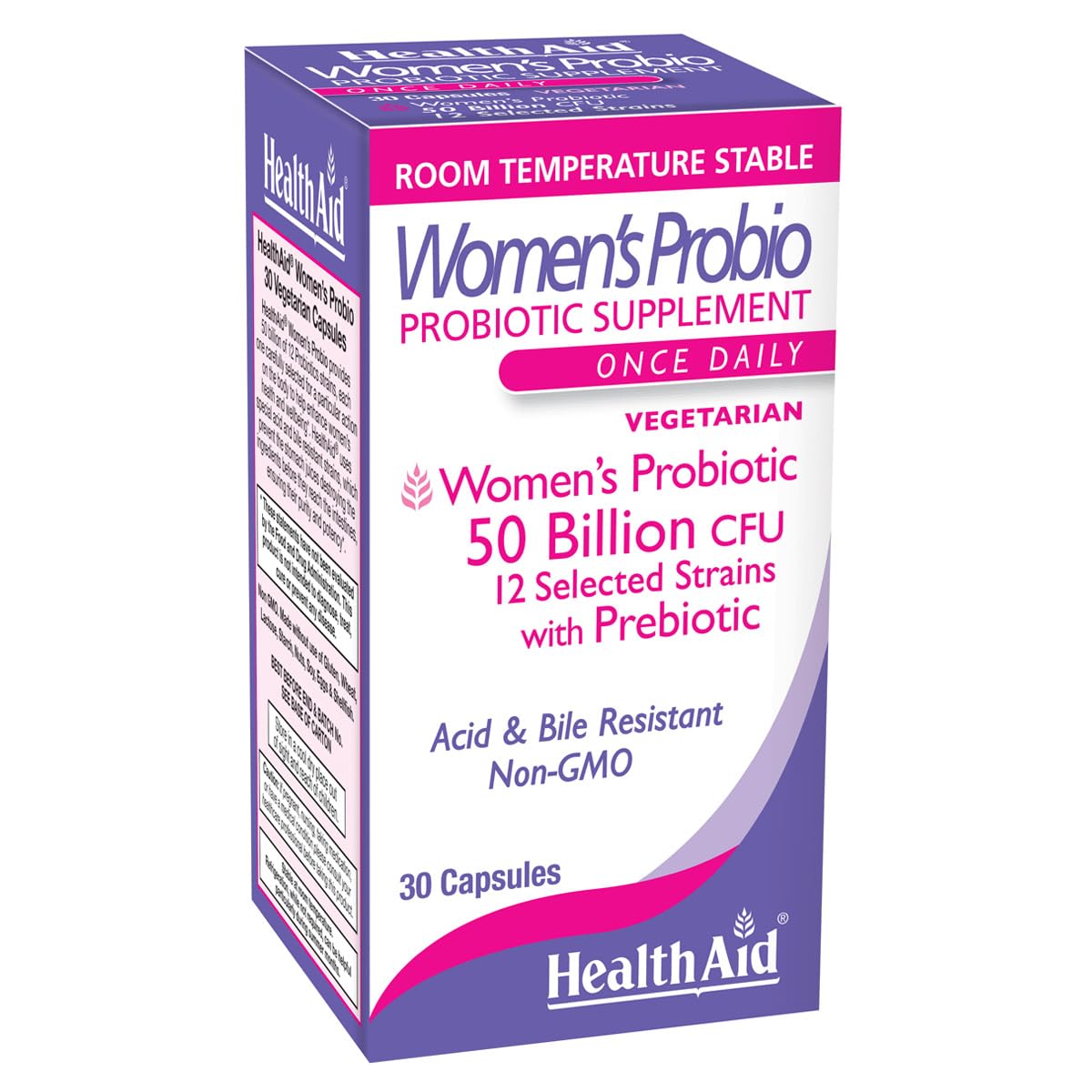 HealthAidWomen's Probiotic 50 Billion CFU + Prebiotic, 30‑Count Daily Capsule │ Acid & Bile‑Resistant, Gluten‑Free, Vegetarian Digestive & Feminine Balance Support
