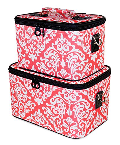 Ever Moda Cosmetic Train Case Set, Damask Print (Coral Pink)