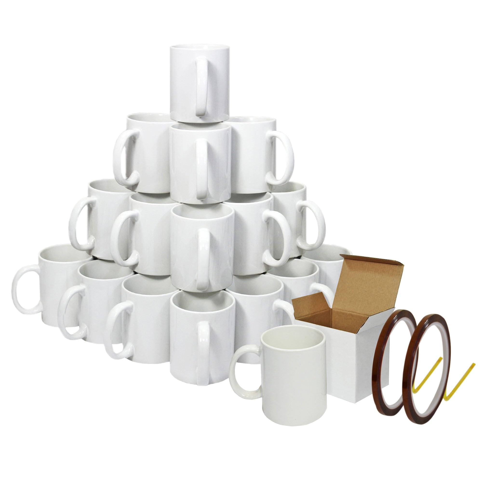 Pixmax White Blank Sublimation Mugs 72 Pack Ceramic Polymer Coated 11Oz Large Aaa Grade Cup With Handle Presentation Gift Boxes & 2 Heat Tape Rolls 22M Long X 0.5Cm Wide Tea Coffee Microwave Dishwasher Safe