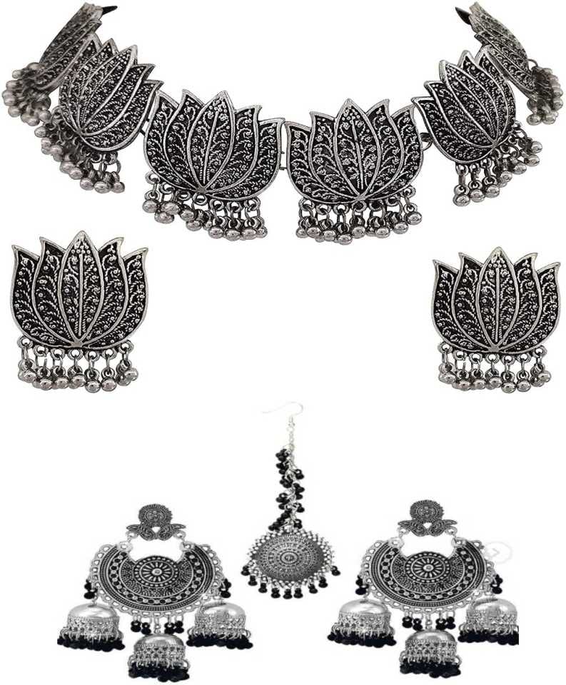 Zukhruf Oxidised Silver Lotus Choker set with 3 Jhumki Maang Tika Earring Combo set (B09W9PS5N7) Amazon Price History, Amazon Price Tracker