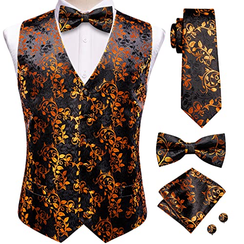 Hi-Tie Men's Black Gold Suit Vest Bowtie 5PCS Floral Silk Extra Size XXX-Large Waistcoat Tie Pocket Square Cufflinks Set for Wedding Party
