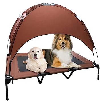 OLSAGO Elevated Dog Bed with Canopy, Portable Raised Pet Cot for Camping or Beach, Removable Canopy, Durable 1680D Oxford Fabric Raised Mesh Cot, Breathable Cooling Outdoor Dog Bed (Large, Brown)