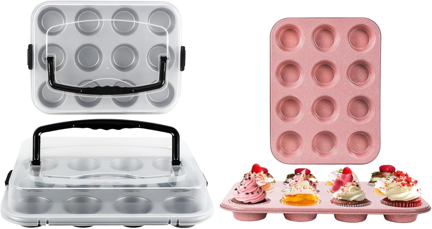 2-Pack 12-Cup Muffin Pan with Carry Lid |2-Pack 12-Cup Pink Nonstick Muffin Pans