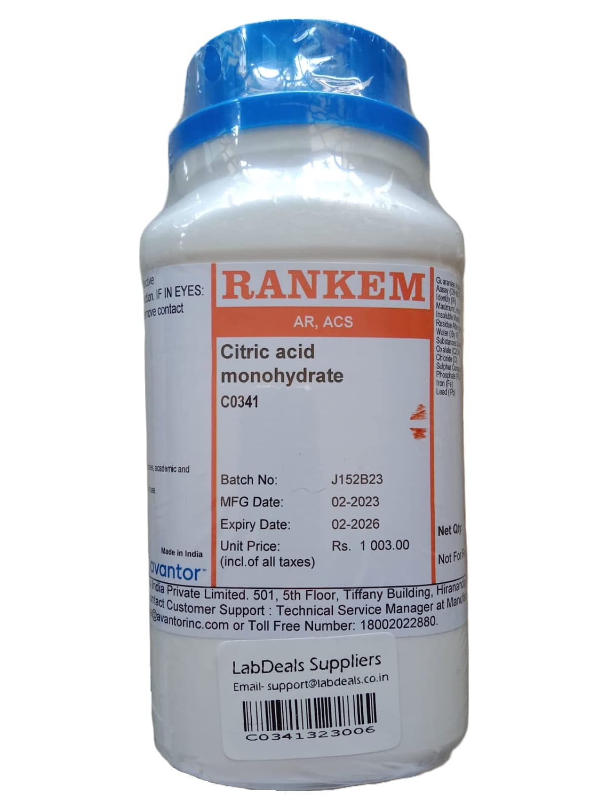 Rankem Citric Acid Monohydrate 500GM, AR ACS Grade, CAS 5949-29-1, Molecular Formula: C₆H₈O₇.H₂O, Storage Room Temperature, Shelf Life 5 years, for laboratory use only (B0C18N3SGT) Amazon Price History, Amazon Price Tracker