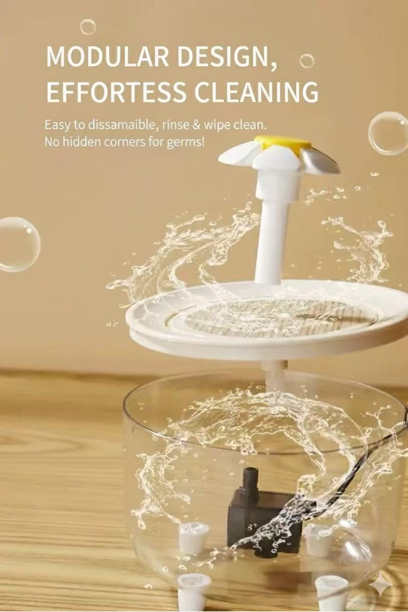 Pet Water Fountain with Heating, 1.5L Capacity, Daisy Flower Design, Ultra-Quiet Pump, Smart Auto Shut-Off