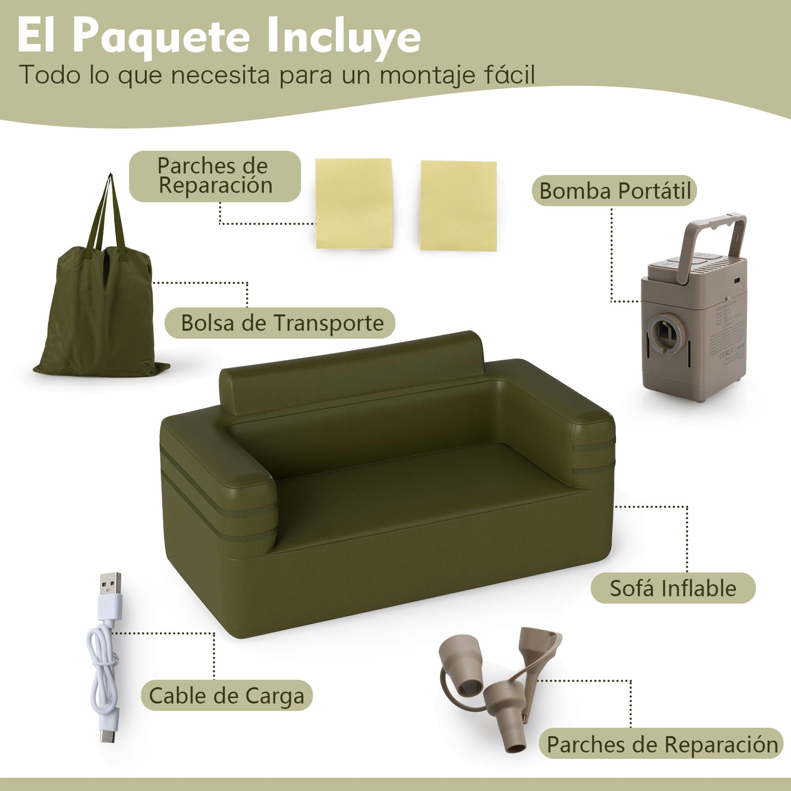 COSTWAY Sofá Inflable para Exteriores, Sillón de Aire Hinchable Multifuncional con Bomba Incorporada y Bolsa de Transporte, Banco de 2 Plazas Hinchable Portátil, para Camping Patio Trasero, Verde