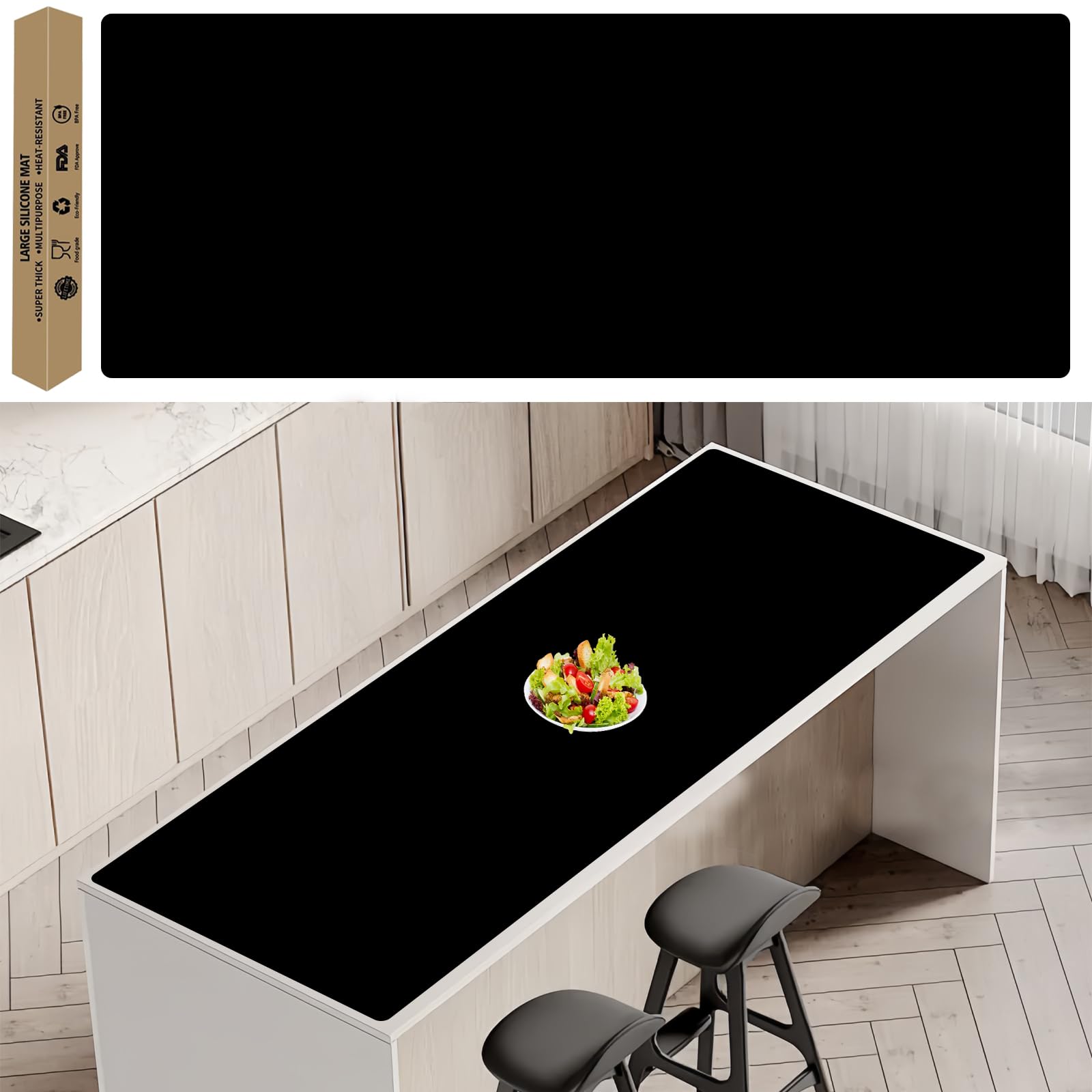Extra Large Silicone Mat 78.7''x23.6''(200cmx60cm), Large Silicone Mats for Kitchen Counter, Multipurpose Heat Resistant Mat, Waterproof Placemat for Countertop Protector, Black