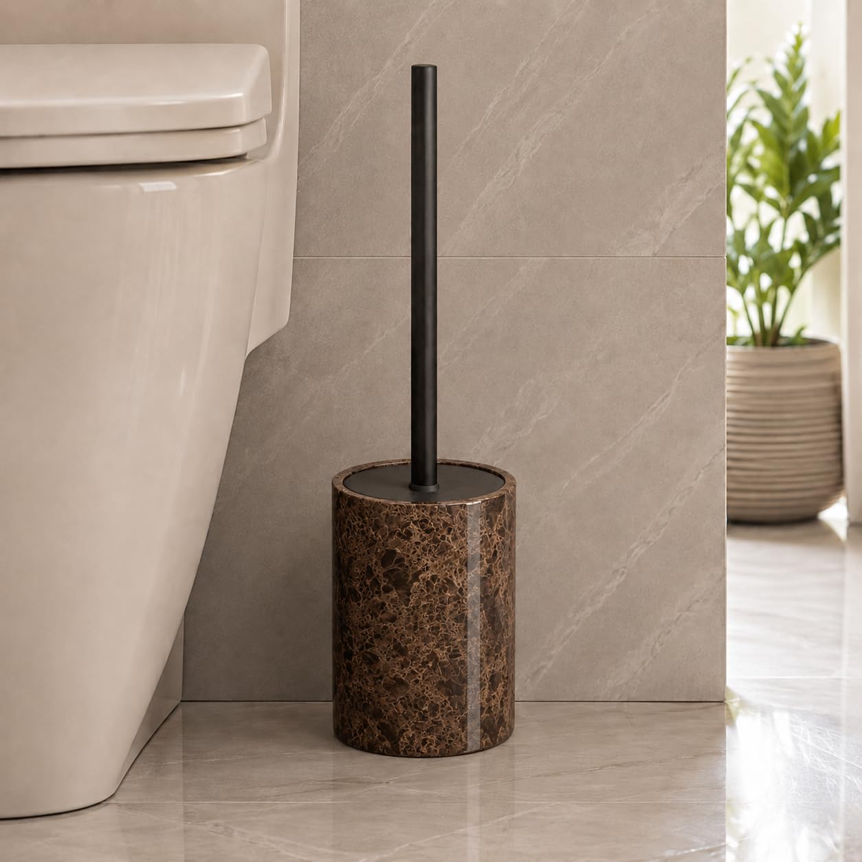 Brown Marble Toilet Brush with Holder, Premium Toilet Cleaning Brush Set, Durable Heavy-Duty Bristles, Hygienic Marble Effect Holder, Modern Bathroom Cleaning Accessory A283