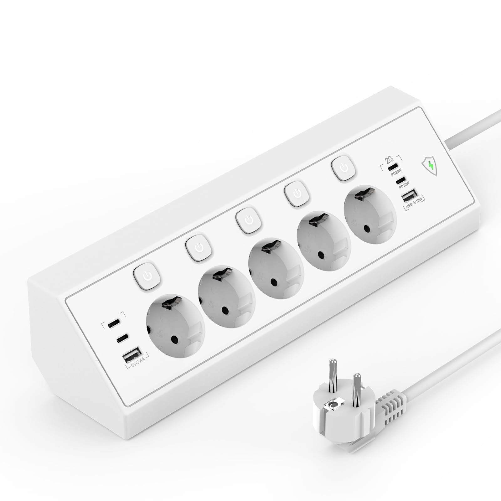 Regleta Enchufes de Esquina con USB C 20W, 5 Tomas Enchufe Multiple con 4 USB C y 2 USB A, Regleta Proteccion Sobretension con Interruptor, Enchufe de Mesa 1,8 m Cable para Cocina y Oficina, Blanco