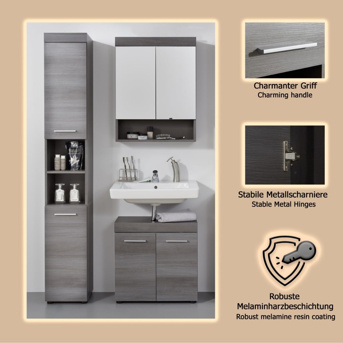 trendteam smart living - Runner - Badkombination - Grau - Hochschrank, Waschbeckenunterschrank, Spiegelschrank - (BxHxT) 103 x 190 x 31 cm - silberfarbener Griff