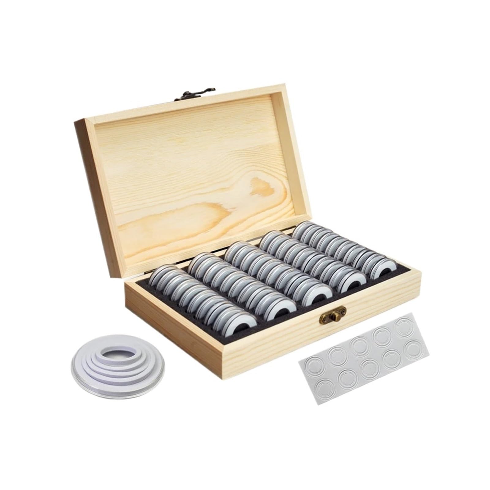 ZythrXLate Wooden Coin Collection Box 50Pcs Wooden Coin Collection Box Transparent Capsule with Gasket for 18/21/25/27/30mm Collectable Challenge Holder for Coin Collectors