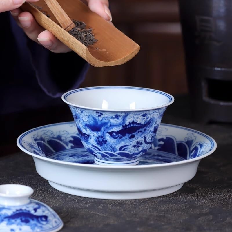 Tea Cup Hand-Painted Blue and White Porcelain Fish and Algae Pattern Covered Bowl Set Antique Ceramic Personal Kung Fu Soaking Container