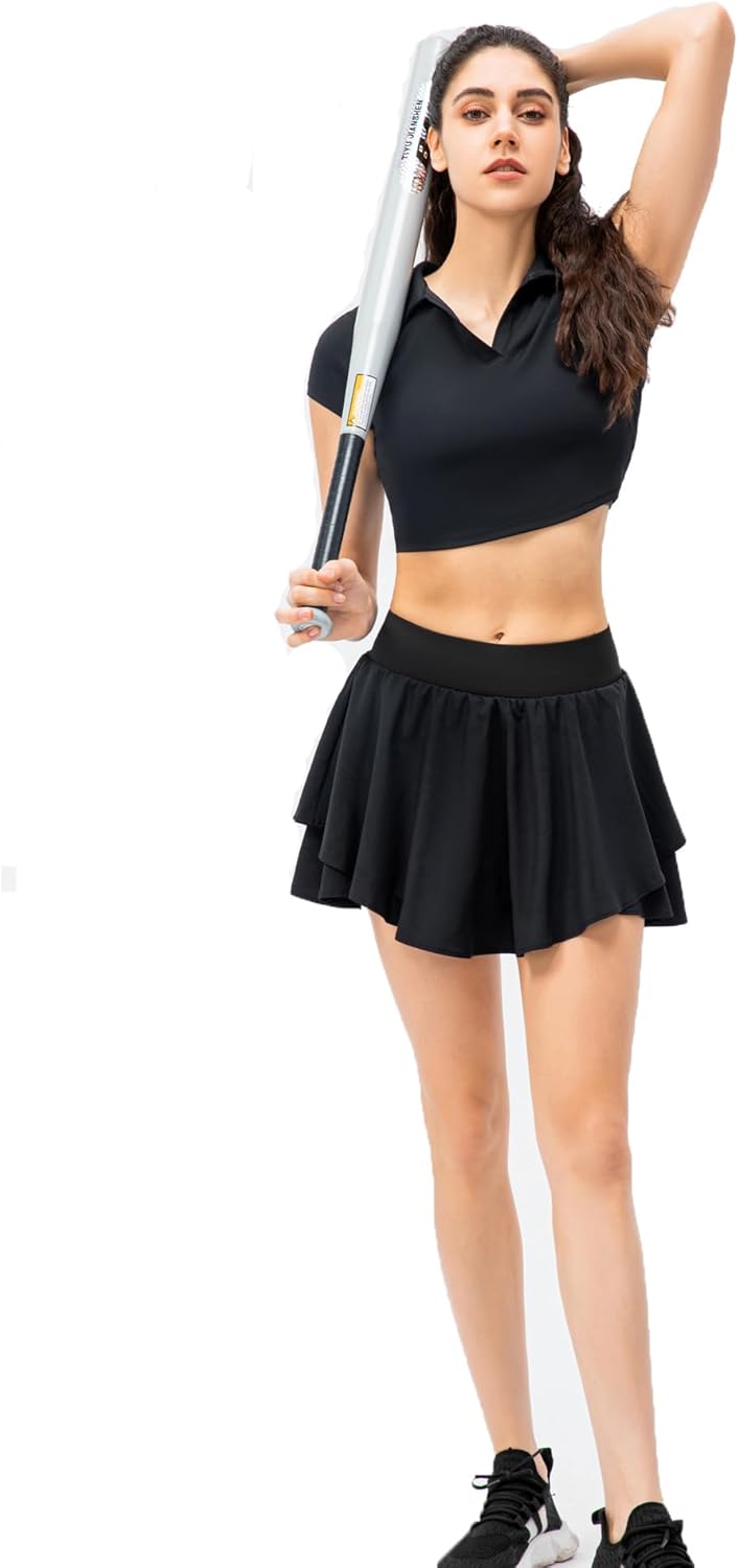 Womens Pleated Tennis Skirt with Pockets Double Ruffle High Waisted Athletic Skorts Skirts for Golf Workout - Image 4