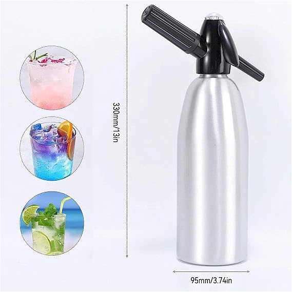 Soda Siphon 1 Litre Carbonated Water Machine Seltzer Water Maker Portable Aluminium Sparkling Water Maker for Making Homemade Juices Mojitos Cocktails Drinks in Home Bars