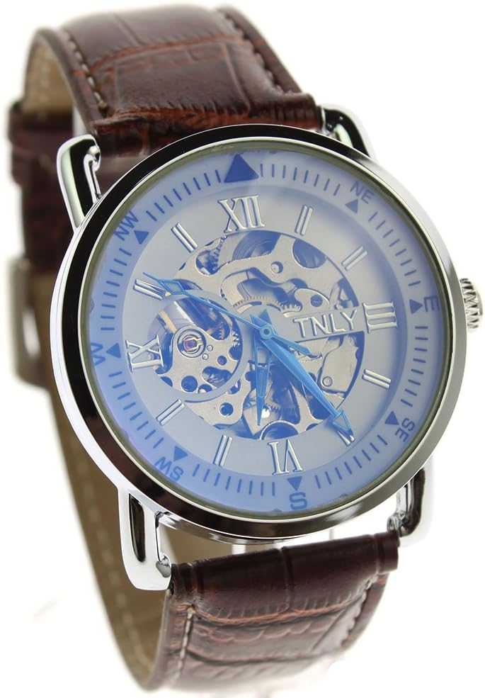 Itemstoday Leather Band Blue Hands Automatic Skeleton Dial Mens Mechanical Wristwatch