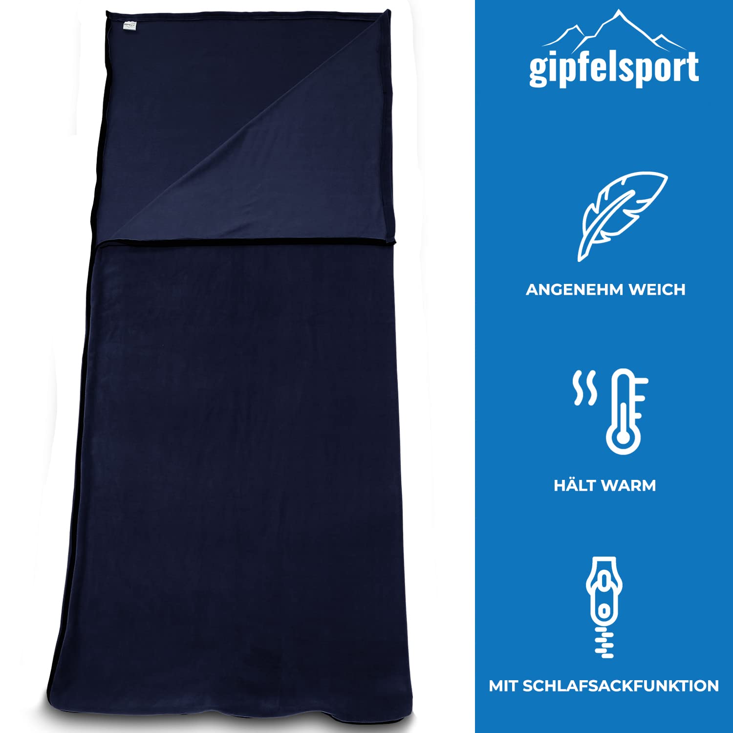 Microfibre Fleece Blanket with Sleeping Bag Function, Size 185 x 150 cm, 690 g, Microfibre Camping Blanket Sleeping Bag, Navy - Image 2