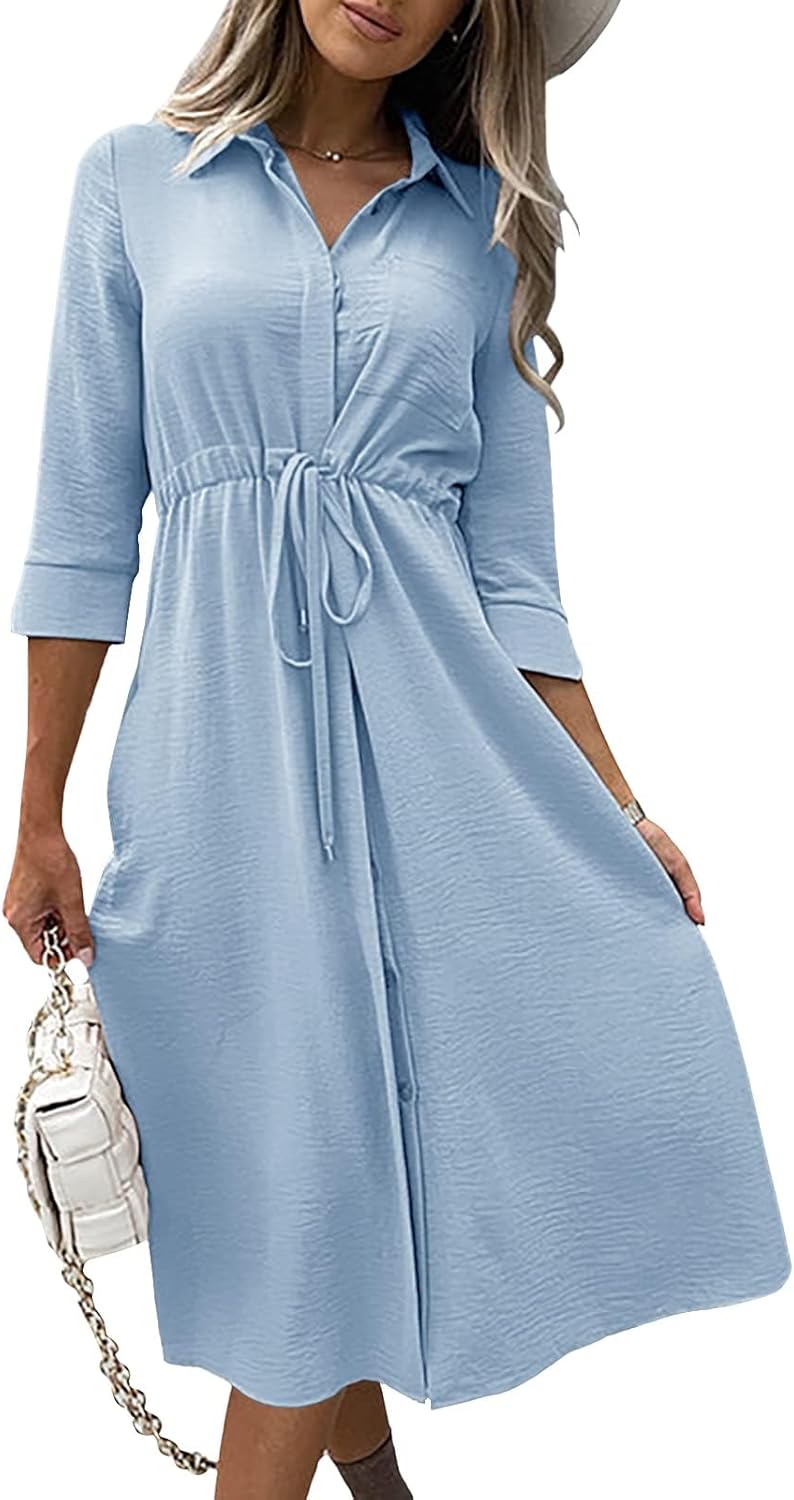 Febriajuce Women's 3/4 Sleeve Midi Dress Casual Drawstring Belted Round Neck Plain Tie Waist Loose High Waist Long Dress