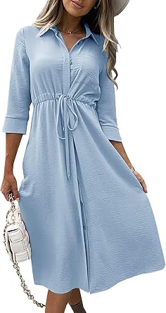 Febriajuce Women's 3/4 Sleeve Midi Dress Casual Drawstring Belted Round Neck Plain Tie Waist Loose High Waist Long Dress