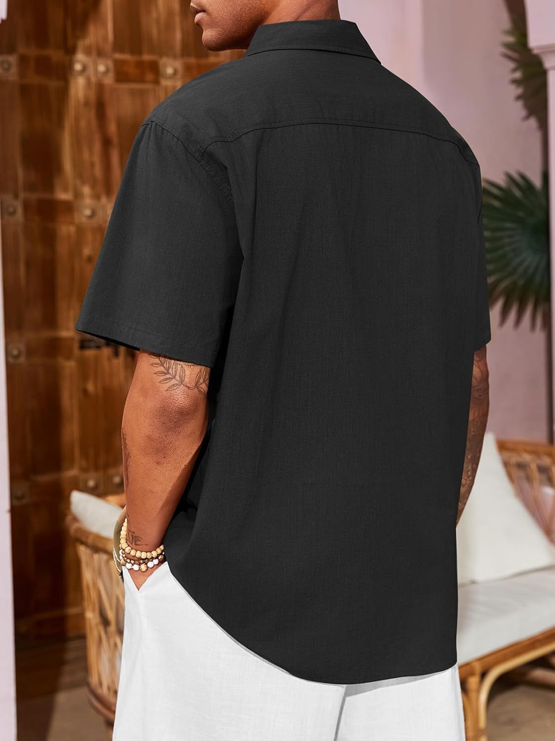 Runcati Mens Linen Shirt Guayabera Cuban Short Sleeve Button Down Cotton Summer Beach Hippie Shirts - Image 3