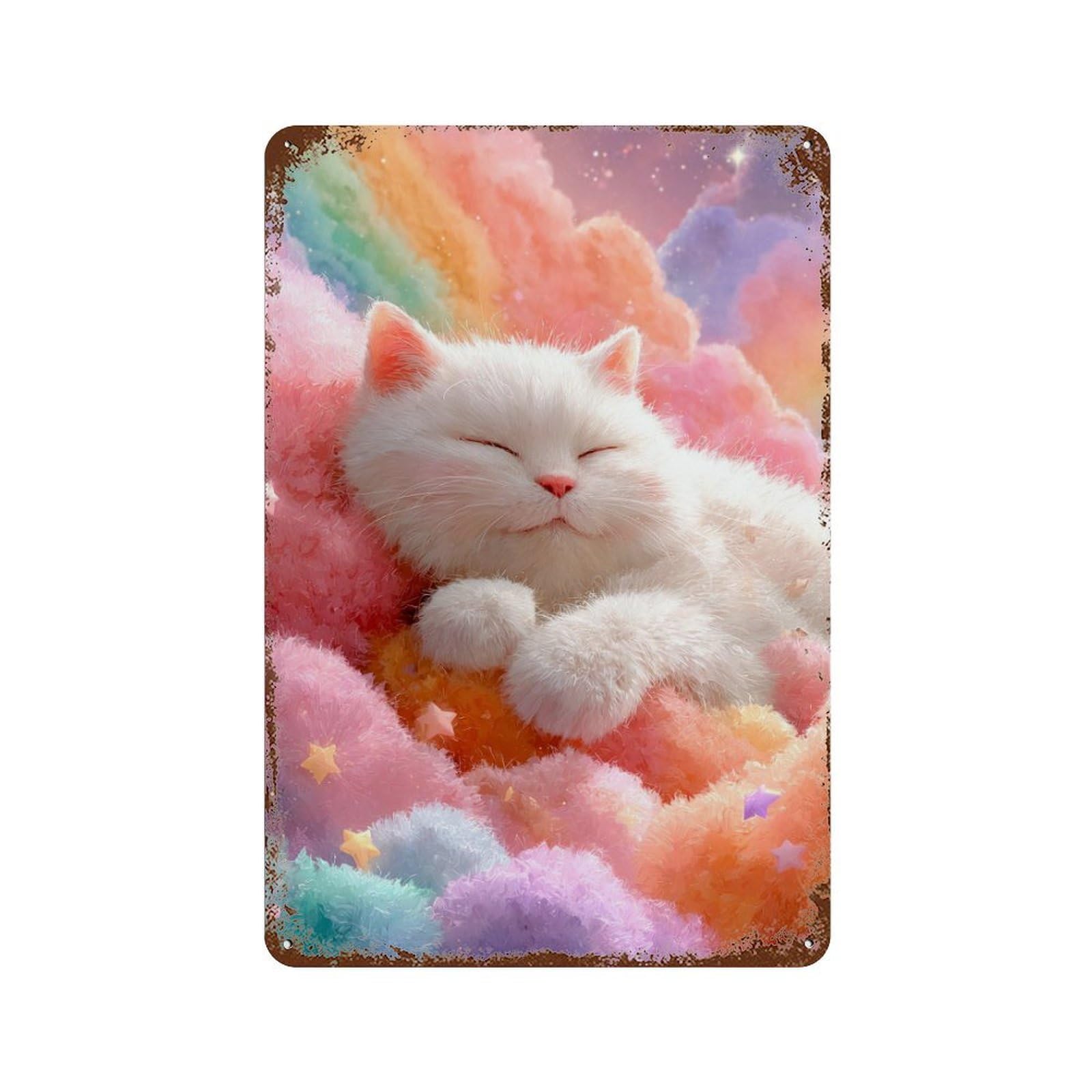 Aged Metal Wall Plaque with Rainbow Cloud Cat Dreamscape Design 11.8"x7.9", for Shed, Workshop And Garage Wall Decor, Decorative Metal Wall Art