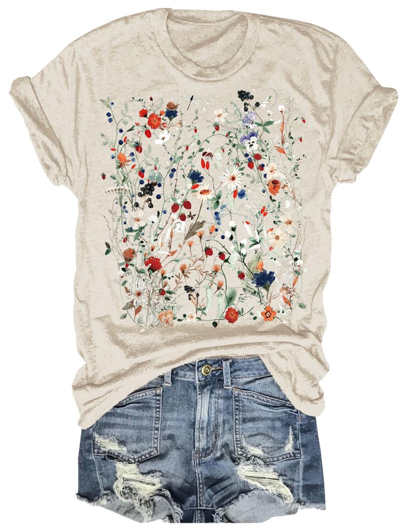 Women's Vintage Flowers Shirt Casual Boho Floral Printed T-Shirt Sunflower Wildflowers Graphic Tees Tops for Girl
