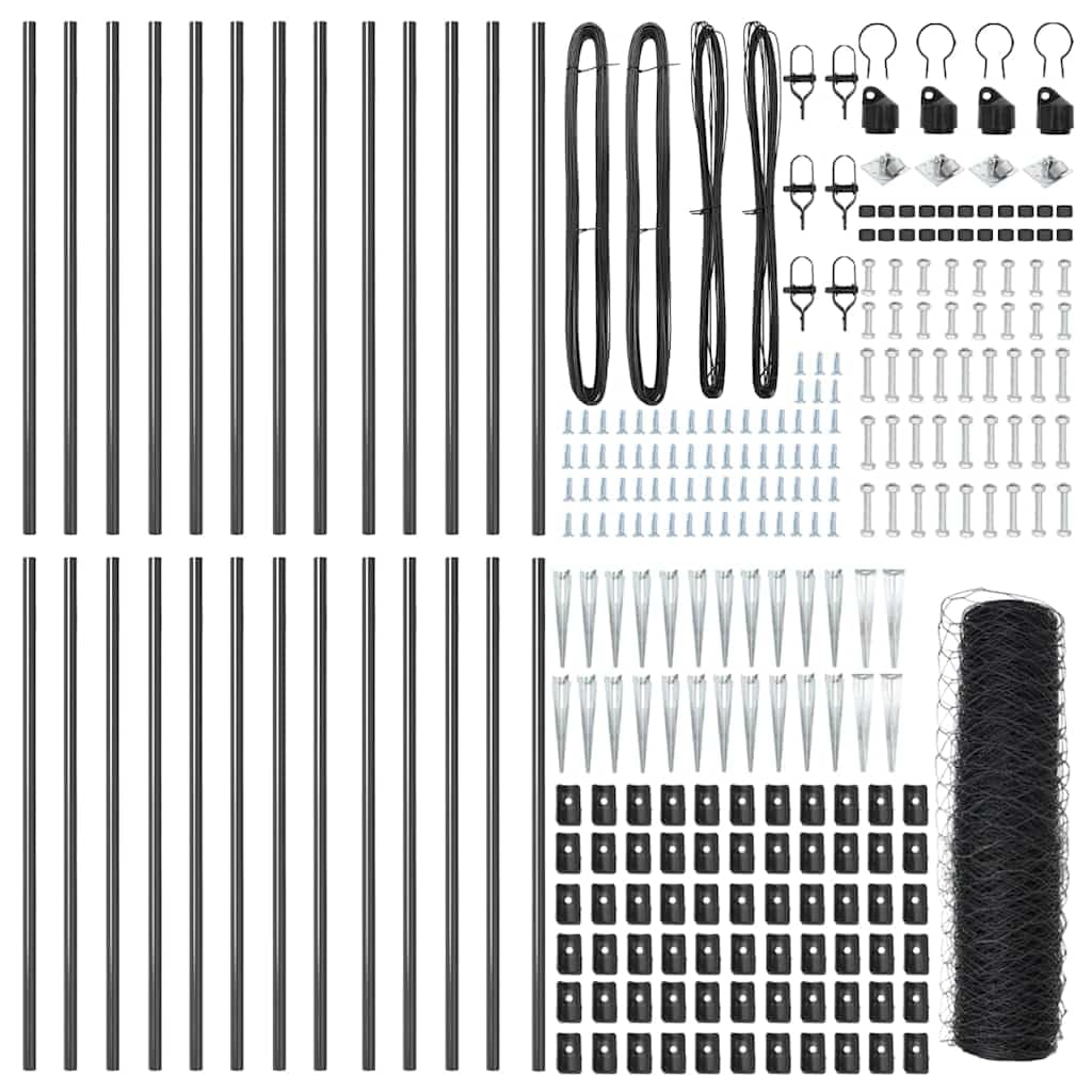 Grey Steel PVC Fence Post 50 x 0.5 m 50 mm Mesh Garden Fencing Panel Kit 26 Spike Posts Outdoor Security Barrier Corrosion Resistant Easy Assembly