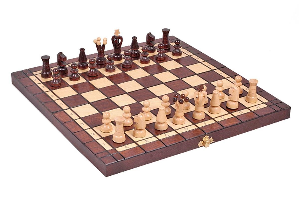 Sunrise Chess & Games - Scacchi e dama gioco in legno 2 in 1 35 x 35 cm - Piccola scacchiera pieghevole con pezzi in carpino