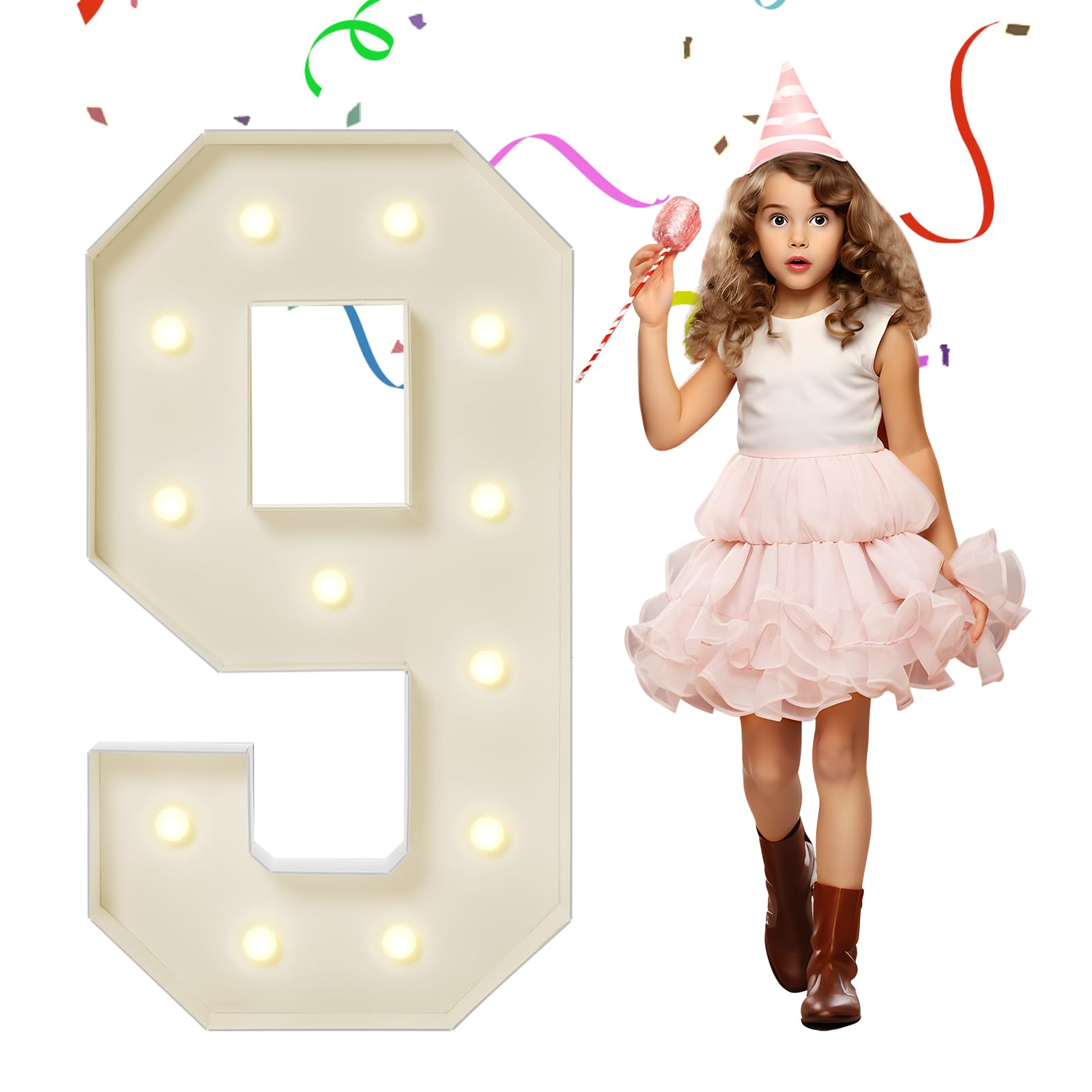 3FT Marquee Light Up Numbers, Large Marquee Numbers 9 for 9th 19th 90th Birthday Party Decorations, Giant Light Up Numbers Anniversary Decor, 4 Feet Mosaic Number 9 with LED Lights DIY Kit