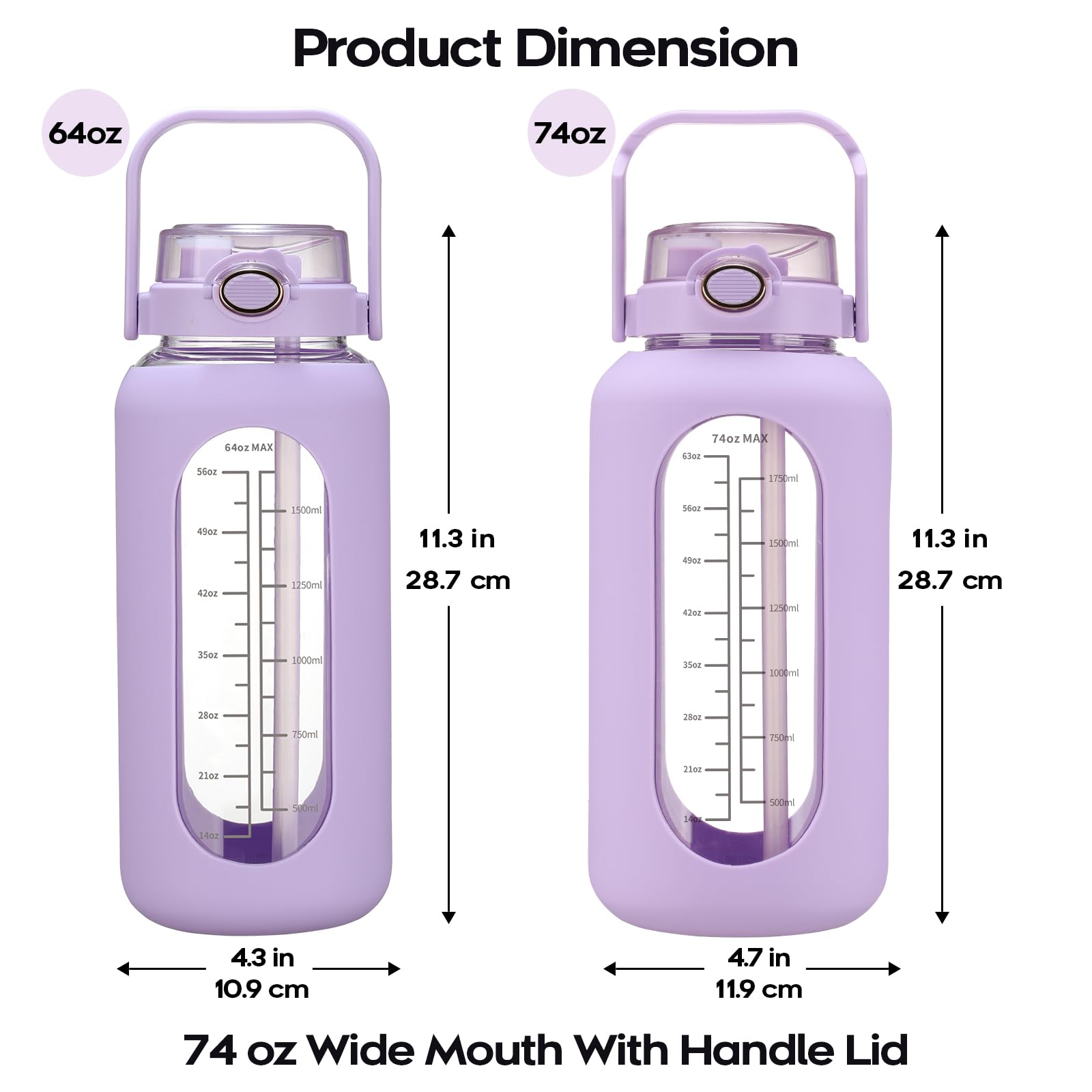 chunmo Grande bouteille d'eau de motivation en verre avec marqueur de temps avec manchon en silicone et couvercle à poignée - 2,2 l - Pour le sport