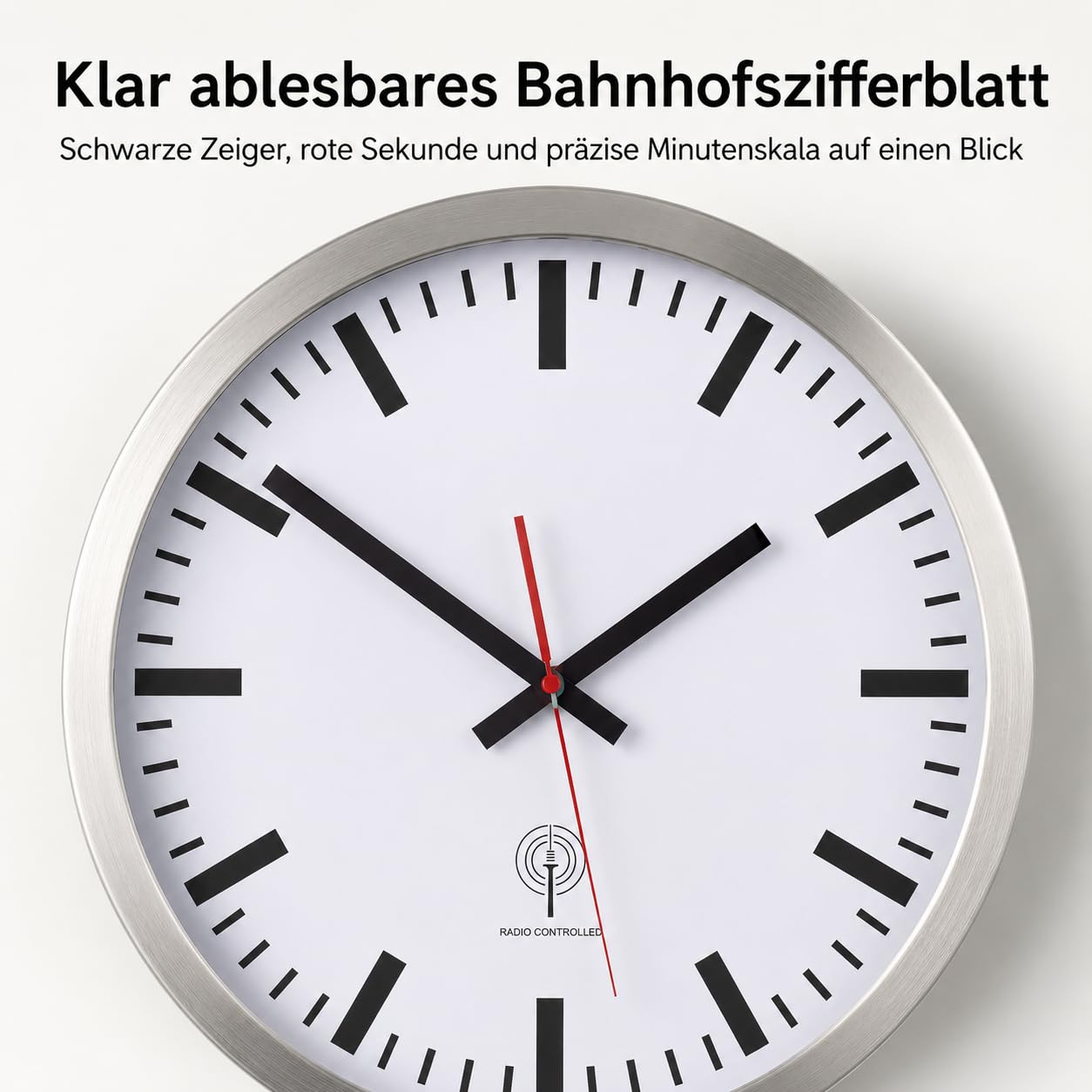 Eurotime 56862-07 radiowy zegar ścienny, 40 cm, srebrna obudowa ze stali nierdzewnej, prawdziwe szkło, tarcza stacji, automatyczna zmiana czasu, zegar ścienny do salonu lub