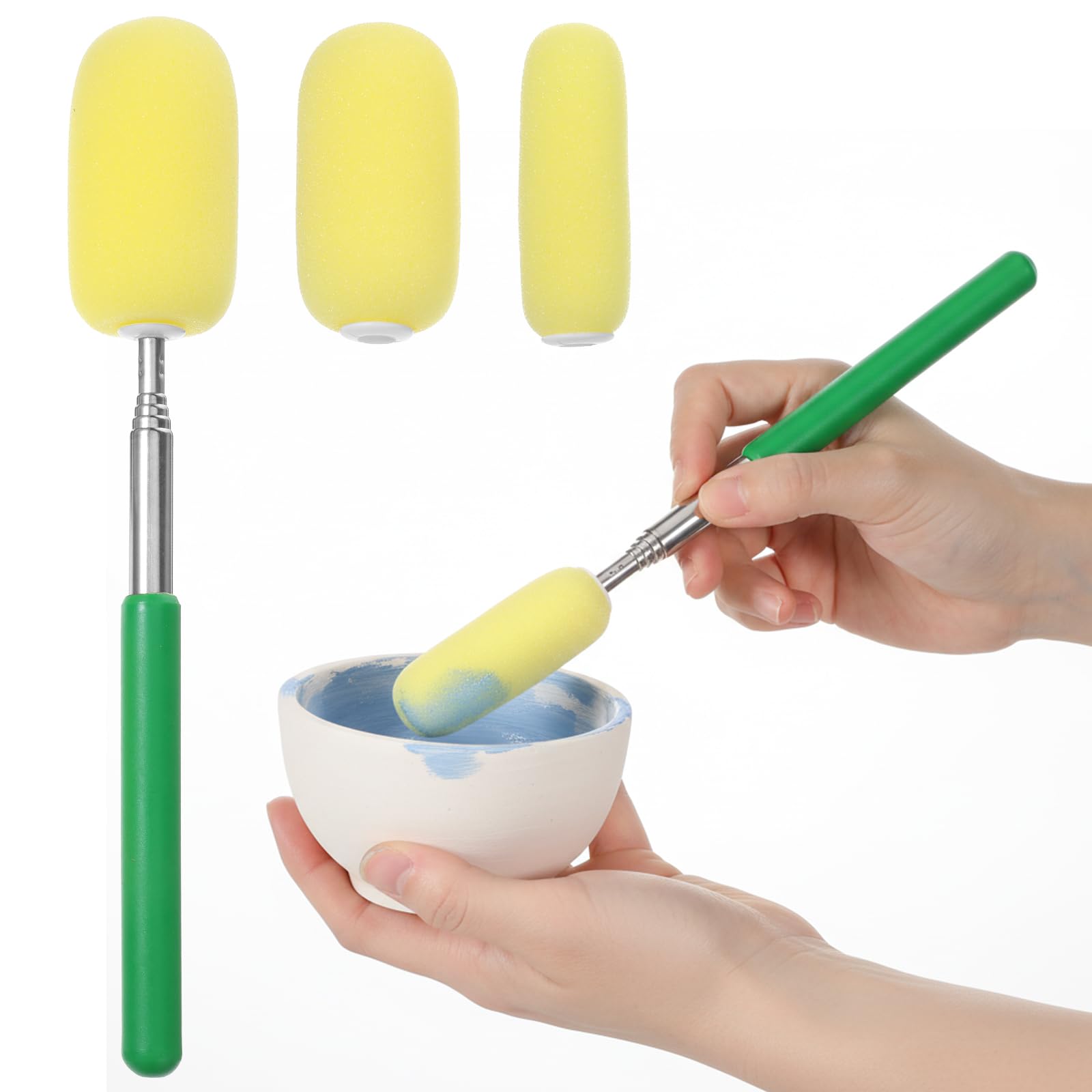 1 Pc Telescoping Sponge Stick for Pottery, 38" Long Stainless Steel, 3 Detachable Sponge Heads Pottery Tool for Water Removal & Shaping in Tall/Narrow Forms