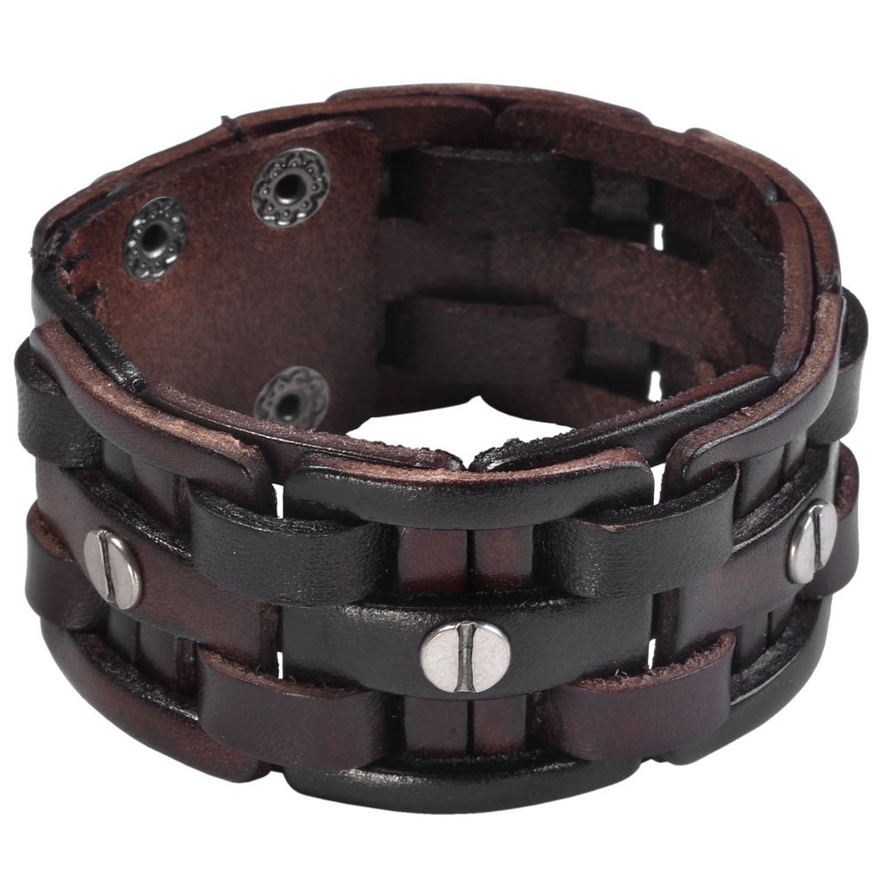 Zysta Wide Cuff Leather Bracelet For Men – Punk Biker Style Adjustable Bangle (Black/Brown)