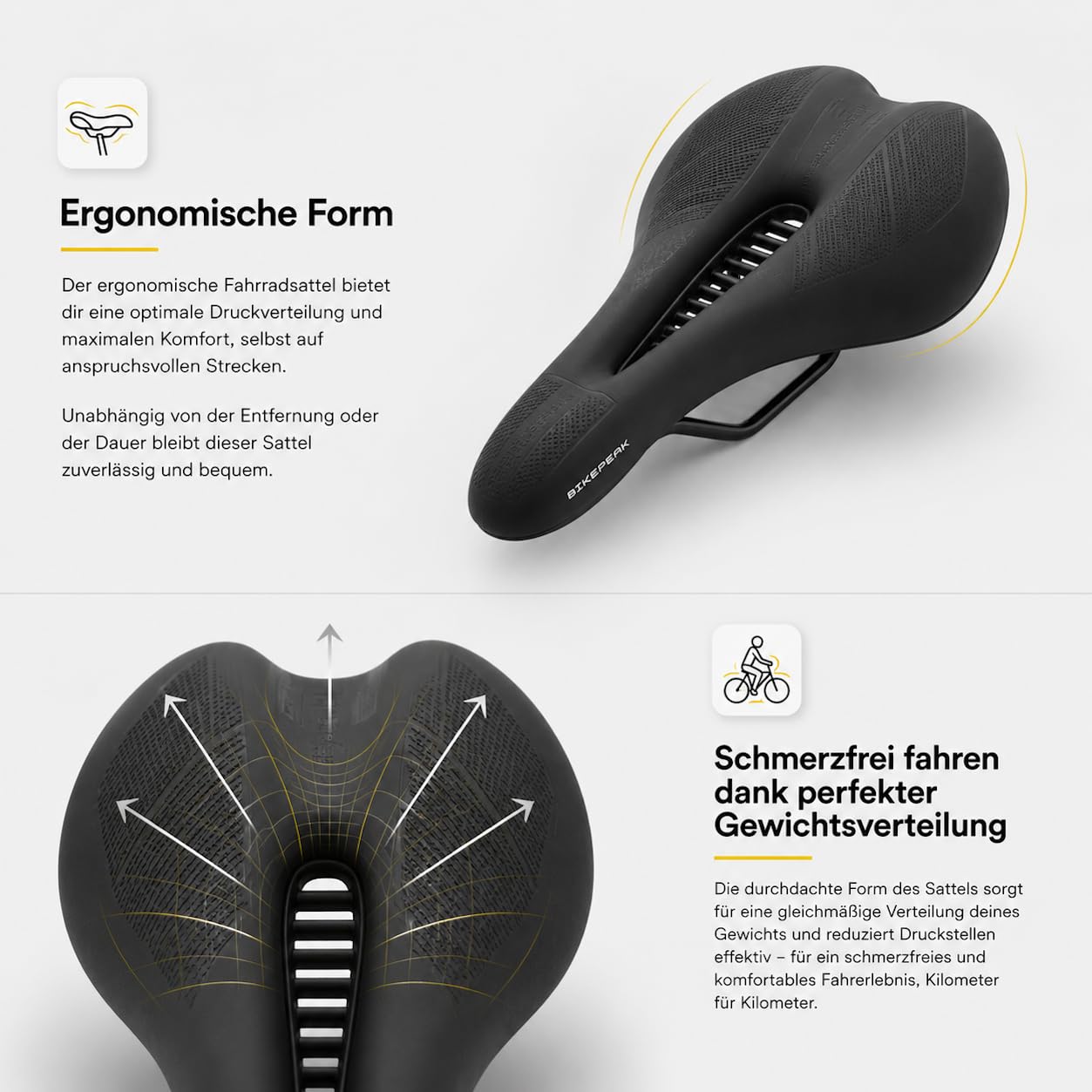 Fahrradsattel Damen & Herren - Bequem, Ergonomisch und Schmerzfrei - Atmungsaktiver Memory-Schaum Gel - Schwarz, Wasserabweisend - für City, Trekking oder MTB Fahrrad