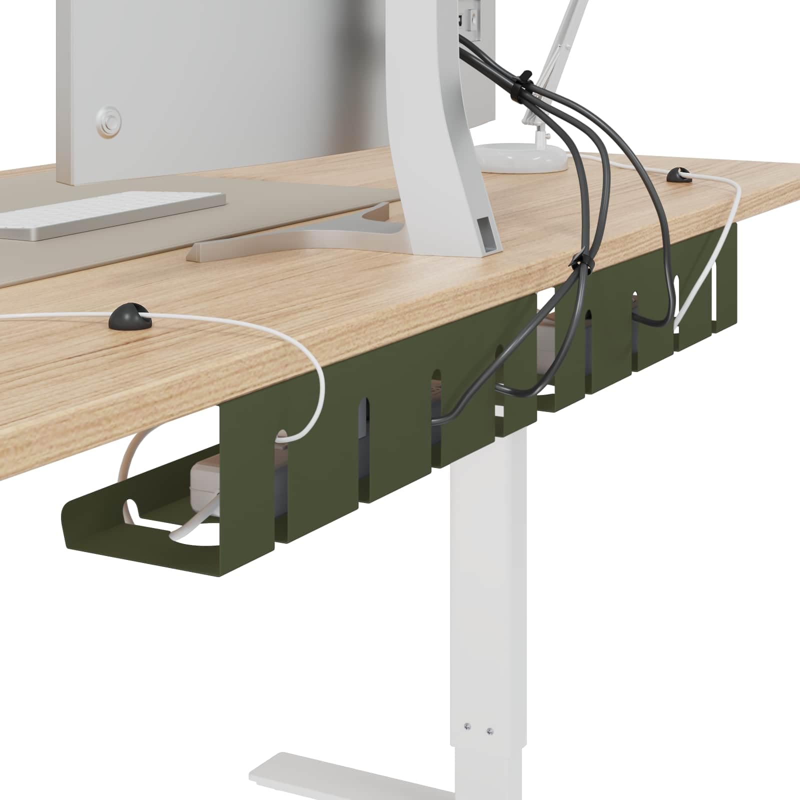 2er Set Kabelmanagement Schreibtisch Olivgrün, Kabelkanal aus pulverbeschichtetem Stahl, Kabelwannen für Ordnung unter dem Tisch, Inklusive Kabelclips und Klettbändern