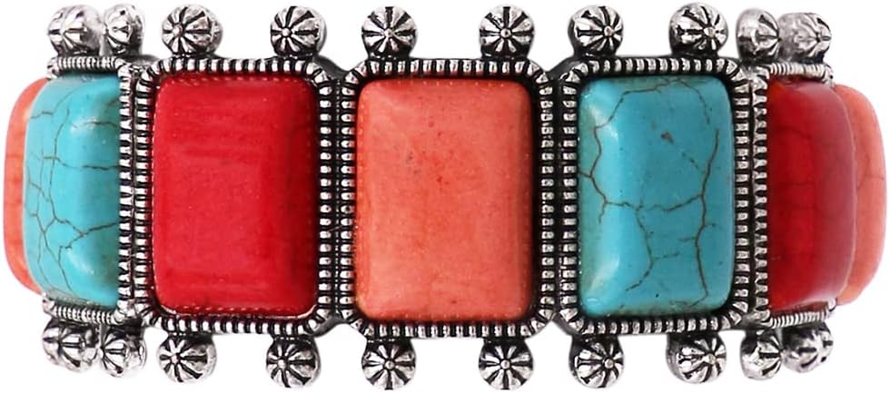 Rosemarie & Jubalee Women's Cowgirl Chic Burnished Silver Tone Colorful Rectangular Semi Precious Stone Howlite Statement Western Stretch Bracelet, 7"