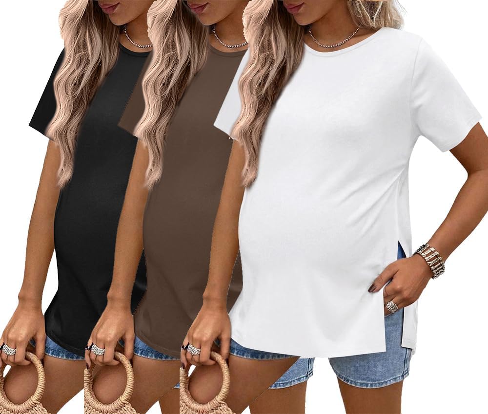 Ekouaer Confezione da 3 Top Premaman a Maniche Corte vestibilità Ampia Maglietta Basic Spacco Laterale S-XXL