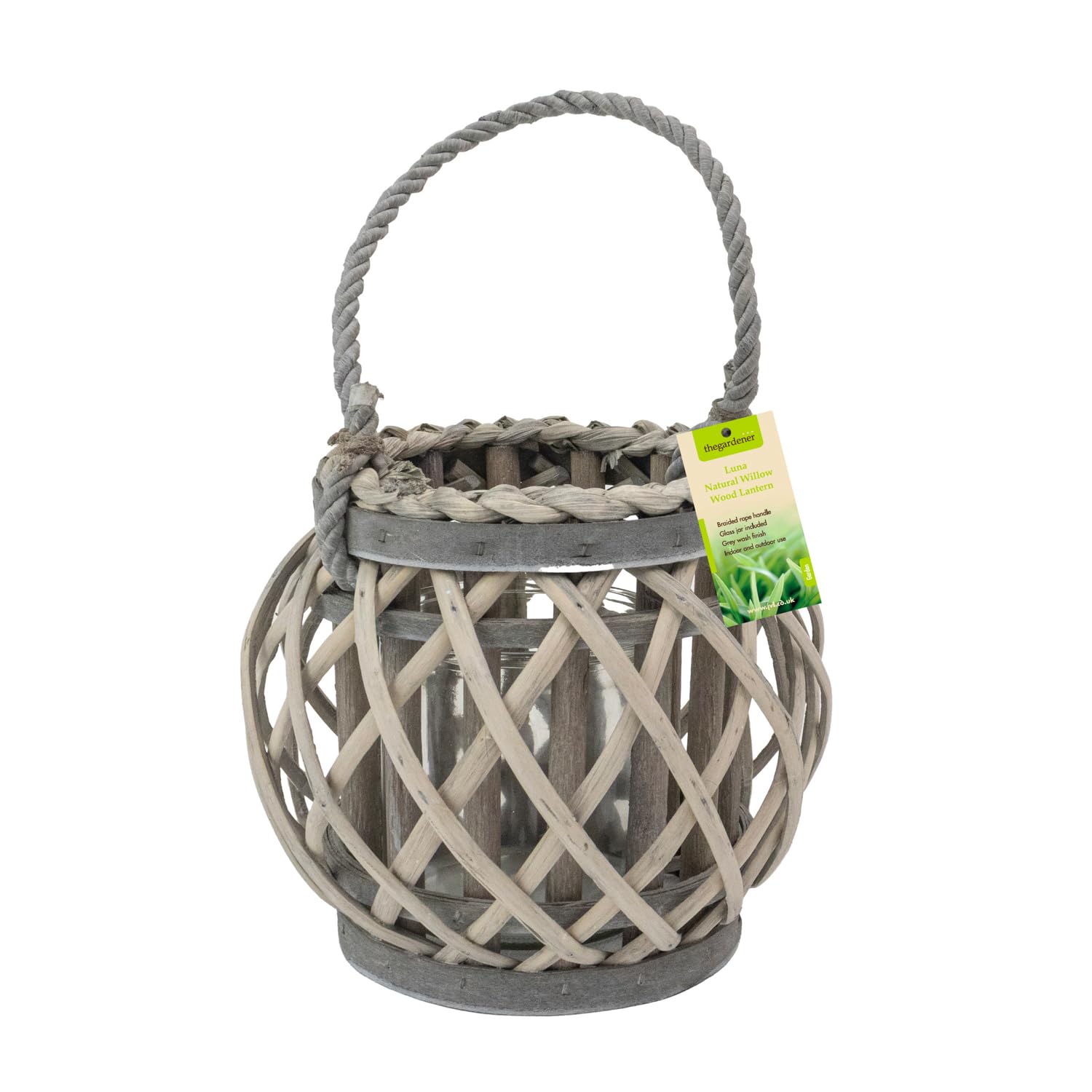 Rackhams Grey Luna Natural Round Willow Wood Lantern With Braided Rope Handle, Wash