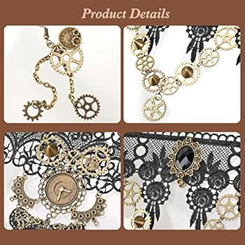 4 Stuks Steampunk-Accessoireset voor dames, sieraden tandwielen steampunk halsketting set, Steampunk gothic-kant choker, kant vintage hanger vrouwen choker oorbellen armbanden voor Halloween carnaval