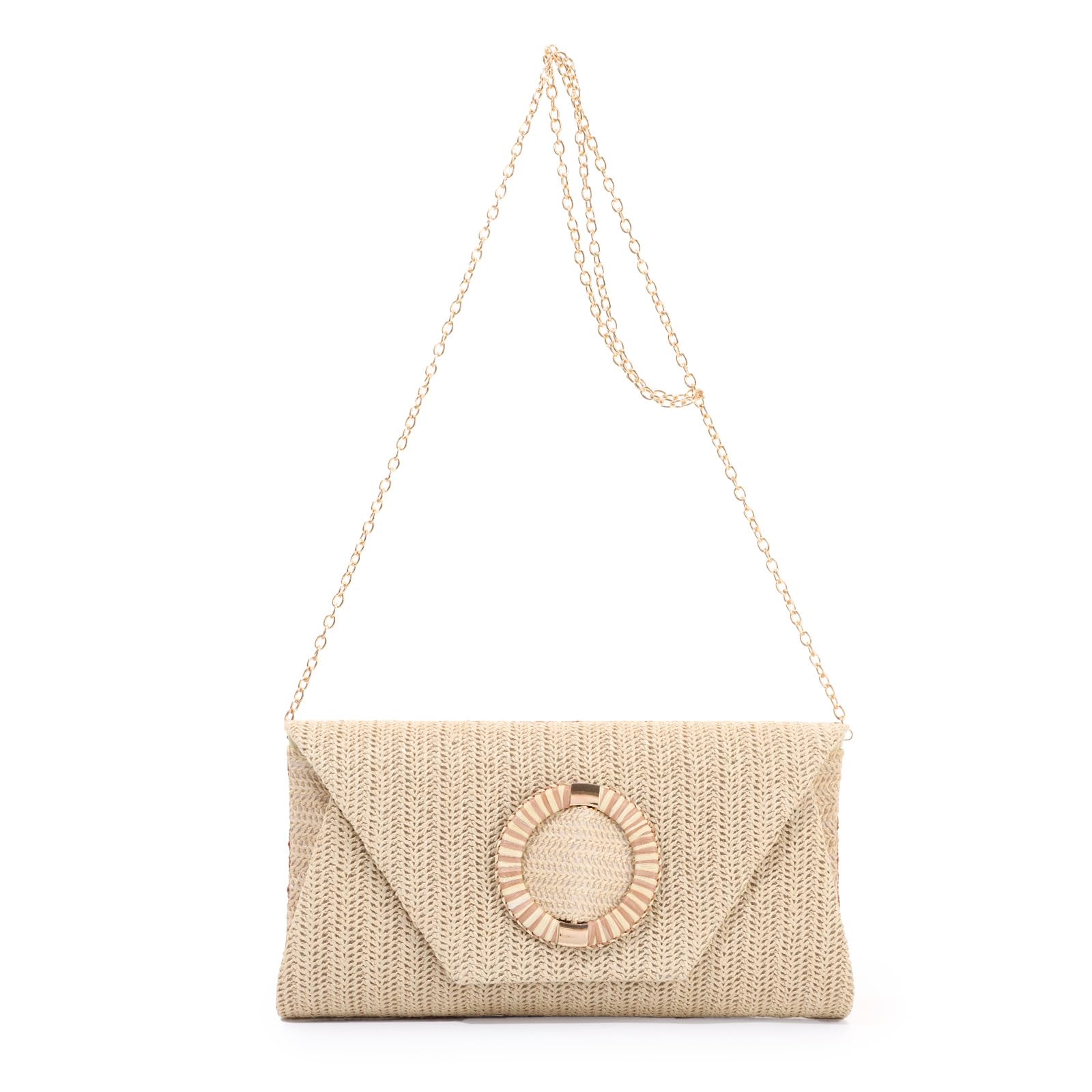 BWBIKE Bolso de Mano Tejido de Rrafia para Mujer - Elegante Bolso Bandolera de Paja para Verano, Playa, Bodas y Fiestas Formales, Bolso de Mano Tipo Sobre con Cadena Extraíble