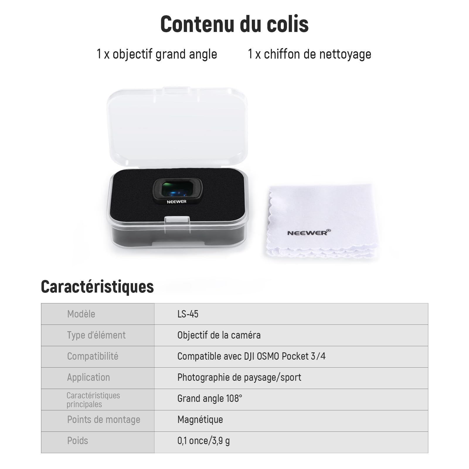 NEEWER Objectif Grand Angle 0,75x Compatible avec DJI OSMO Pocket 3, Champ de Vision étendu de 108°, lentille asphérique à revêtement magnétique, Accessoire Action Cam, LS-45