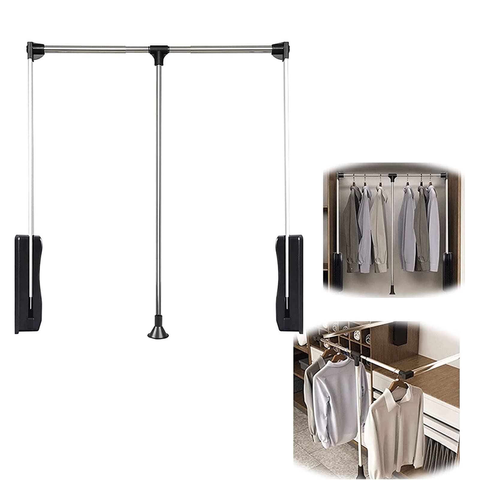 AYCDL Pull Down Closet Rod,Heavy-Duty Closet Rail Hanger - Space-Saving Steel Rod for Bedroom Wardrobe, Supports 45 lbs, Adjustable 890-1210mm, Ideal for Hanging Clot,660-890mm