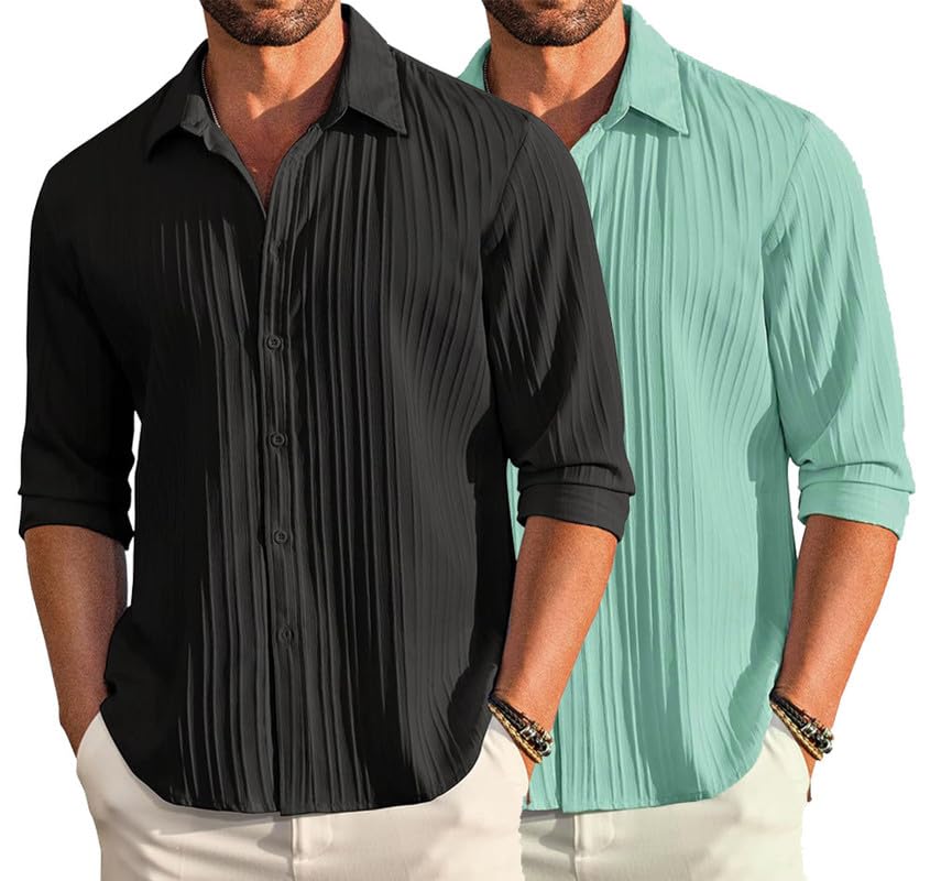 Image of DEELMO Combo of Men's Casual Button Down Shirts Long Sleeve Linen Shirt Fashion Textured Summer Shirts Pack of 2