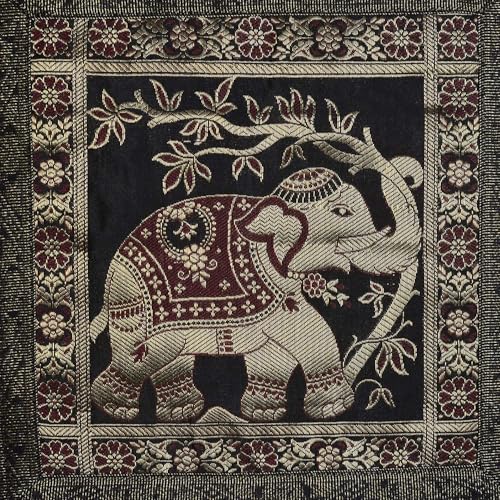 Image of Banarasi Jacquard Weaves Silk Settee Couch Cushion Covers 16 by 16 Set of 5 Gold Decorative Square Elephant Traditional Brocade Home Decor Cushions 16x16 for Sofa Lounge (Black)